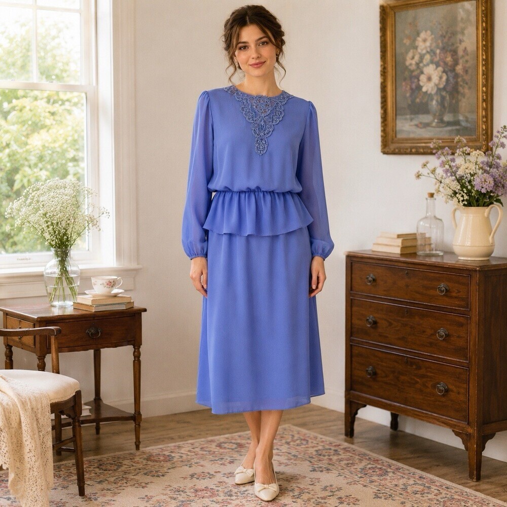 Vintage Robin Joy Dress Tag 20.5 = L or XL Chiffon Midi Retro 70s Secretary